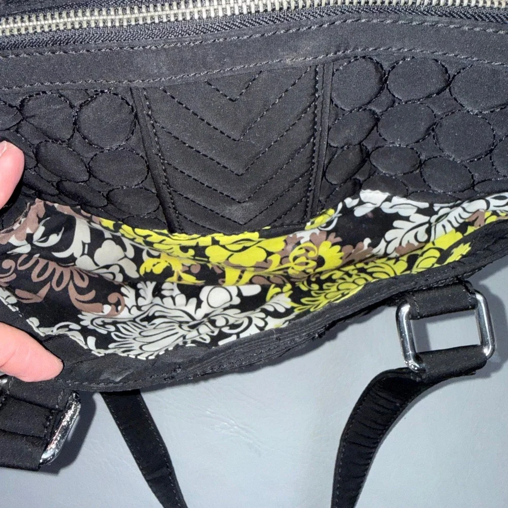 Vera Bradley Black Quilted Microfiber Satchel Floral Lining Handbag Silver Logo